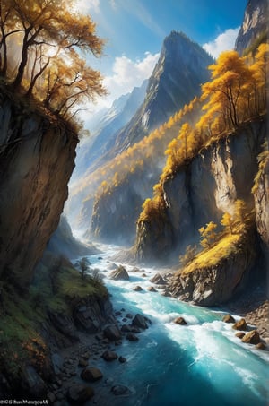 art by Mandy Disher, digital art 8k, Jean-Baptiste Monge style, art by cameron gray, masterpiece, best quality, high quality, extremely detailed CG unity 8k wallpaper, scenery, outdoors, sky, cloud, day, no humans, mountain, landscape, water, tree, blue sky, waterfall, (cliff:1.5), nature, lake, river, cloudy sky,award winning photography, Bokeh, Depth of Field, HDR, bloom, Photorealistic, trending on artstation, trending on CGsociety, Intricate, dramatic, art by Razumov and Volegov, art by Carne Griffiths and Wadim Kashin rutkowski, hyperrealism painting, blade runner, sharp focus, smoke, sparks, racks, (one extremely difficult footpathtowards along the cliff to the mountain top:1.5), difficult to pass through, need to show the beautify of mountain and river, ancient china, sichuan region, smoke lingering in the valley, The road to Shu is more difficult than ascending to the heavens.