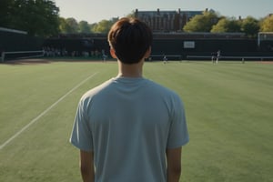 main characterone  in lower left corner of the screen 1:2,young single longly college freshman's back view,(Best Quality, 8k, 32k, Masterpiece, UHD:1.3),better_hands