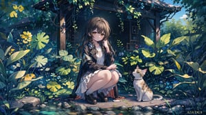 1girl, solo, A majestic masterpiece! A stunningly detailed CG artwork, perfect for a 8K wallpaper. Here's the description:

In a serene outdoor setting, a lovely young woman with long brown hair and bangs is squatting amidst lush foliage. She wears a flowing white skirt, black jacket with long sleeves that extend past her wrists, and comfortable black footwear. Her brown eyes sparkle as she gazes down at a curious cat playing with a leaf near her feet. A delicate braid adorns the side of her head, framing her gentle features. The scene is bathed in warm, HDR lighting, with soft shadows accentuating the textures of the plants and building in the background. The overall composition exudes a sense of tranquility, inviting the viewer to step into this idyllic world.