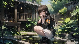 1girl, solo, A majestic masterpiece! A stunningly detailed CG artwork, perfect for a 8K wallpaper. Here's the description:

In a serene outdoor setting, a lovely young woman with long brown hair and bangs is squatting amidst lush foliage. She wears a flowing white skirt, black jacket with long sleeves that extend past her wrists, and comfortable black footwear. Her brown eyes sparkle as she gazes down at a curious cat playing with a leaf near her feet. A delicate braid adorns the side of her head, framing her gentle features. The scene is bathed in warm, HDR lighting, with soft shadows accentuating the textures of the plants and building in the background. The overall composition exudes a sense of tranquility, inviting the viewer to step into this idyllic world.,girl