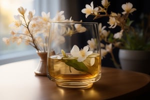 masterpiece, best quality, photography advertising of a glass of whiskey , 1 Round  Tumbler, myphamhoahong photo, flower,,leaf, branch, petals, plant, gradient, garden, realistic, cold theme, scenery, shadow, still life ,perfect light,Cosmetic,glowing gold,inviting you to take a sip and savor its refreshing taste.,myphammaukem photo