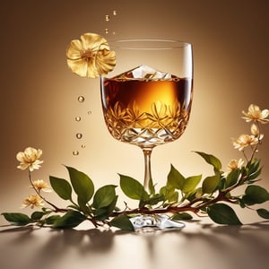 inspired by louis vutton,4k image, high quality, extremly detailed, highest quality, masterpiece, absurdres, depth of field, smooth lighting, photography advertising of a glass of whiskey , tall Round Mugs, expensive, simple Tumbler, myphamhoahong photo, branch, petals, plant, gradient, garden, realistic, cold theme, scenery, shadow, still life ,perfect light,Cosmetic,glowing gold,gyouza, The top of the glass cup is narrower and the bottom is wider, with the narrowest base at the bottom,, gold colors, product design, paper package, package design,