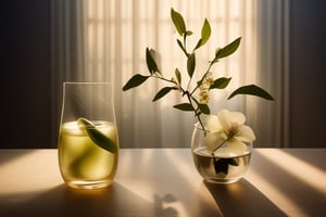 masterpiece, best quality, photography advertising of a glass vase, myphamhoahong photo, flower,, leaf, branch,  garden, realistic, cold theme, scenery, shadow, still life ,perfect light,Cosmetic,glowing gold,inviting you to take a sip and savor its refreshing taste.