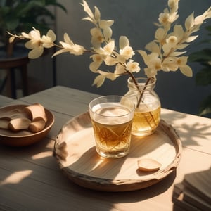 masterpiece, best quality, photography advertising of a glass of whiskey , Round Mugs, Tumbler, myphamhoahong photo, flower,, leaf, branch, petals, plant, gradient, garden, realistic, cold theme, scenery, shadow, still life ,Bird's Nest Jar,perfect light,Cosmetic,glowing gold