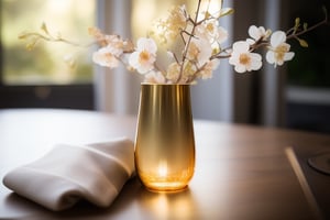 masterpiece, best quality, photography advertising of a vase ,Tumbler, myphamhoahong photo, flower,,leaf, branch, petals, plant, gradient, garden, realistic, cold theme, scenery, shadow, still life ,perfect light,Cosmetic,glowing gold,inviting you to take a sip and savor its refreshing taste.,myphammaukem photo