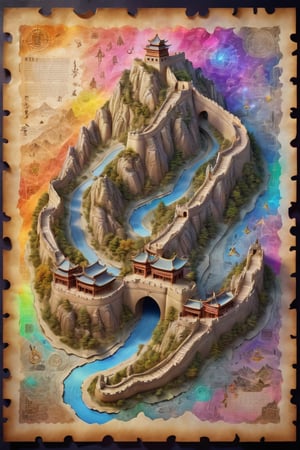 Magic Parchment,Top view of holographic magic map (3-D), The Great Wall of China emerges from the enchanted map, Illuminated by mystical glyphs and pulsating with magical energy, the map is lifted from paper It appears to float and sit on a wizard's desk. magic multicolor ink, high quality, imagination, 8K, fantasy art, vivid magical colors, style painting magic, map, itacstl,chinese ink drawing,diorama