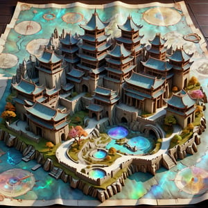 Magic Parchment,Top view of holographic magic map (3-D), Chinese antient building ,three-dimensional depiction, emerging from a magic map, majestic fortifications, towering ramparts, double battlements, towers, intricate architecture, courtyard in the center of the keep, enchanting views of the Chinese countryside, the map is lifted from paper It appears to float and sit on a wizard's desk. high quality, imagination, 8K, fantasy art, style painting magic, map, itacstl,diorama,FlowerStyle
