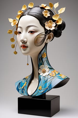 Art Nouveau bust of a Chinese classical dance decoration with and orbe begin of her (the sense of dynamism and movement given by asymmetrical or whiplash lines, crafts produced by fractal art) inspired by natural shapes such as plants + flowers + women's bodies + fish + bird's supple curves, Create unusual shapes in the style of Gustav Klimt and Alphonse Mucha, Using modern materials, especially iron + glass + ceramic + concrete, leonardo,organ,Young beauty spirit, hyper-realistic, intricate detail, ani_booster,aesthetic portrait,xxmixgirl