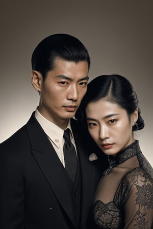 (high image quality, intricate details, 1940, chinese man and woman
dramatic escene mafia, dramatic romance, holding His VERY BEAUTIFUL wife 
Tall attractive young man, Beautiful but manly face, black hair, angelic face,  handsome man. Mafia boss, vintage suit from the 40s, vintage home, intimidant eyes, ,RE4Leon,re2leon
