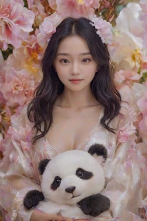 (best quality,masterpiece,highres,8K,raw image),ultra detailed, realistic detailed, hyper realistic, Generate hyper realistic image of a beautiful Chinese young woman cuddling a stuffed panda, flowy black hair, eye contact, kind smile, realistic detailed glowing floral outfits, expressive jewelry, bliss, joyful, well lit abstract art background,colorful,FlowerStyle,NYFlowerGirl,xxmixgirl