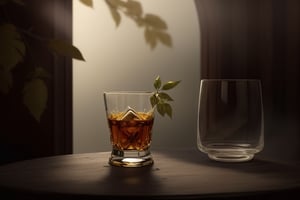 masterpiece, best quality, photography advertising of a glass of whiskey , 1 Round Mug, 1 Tumbler, myphamhoahong photo, flower,, leaf, branch, petals, plant, gradient, garden, realistic, cold theme, scenery, shadow, still life ,perfect light,Cosmetic,glowing gold,inviting you to take a sip and savor its refreshing taste.