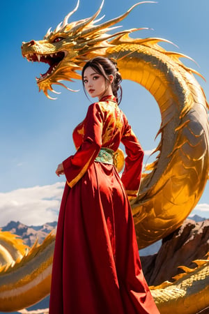 masterpiece, top quality, best quality, official art, (beautiful and aesthetic:1.3), (beautiful 1girl:1.5), (dragon:1.5) long hair, red hanfu fashion, chinese dragon flying in the sky, golden line, (black and red clothes:1.4), volumetric lighting, ultra-high quality, photorealistic, small waist, tang dynasty background, dynamic pose, detailed_background, 8k illustration, DonMChr0m4t3rr4, A beautiful girl posing with back turned to the viewer, High detailed, (blue sky scenery:1.4), close up shot, strong wind, long hair, plump breasts