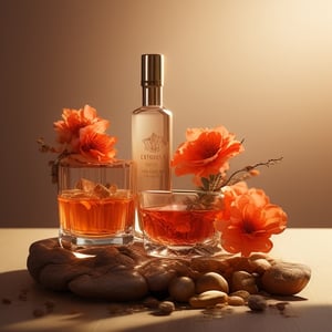 masterpiece, best quality, photography advertising of a glass of gin, myphamhoahong photo, flower, (orange flower:1.2), leaf, branch, petals, plant, gradient, garden, realistic, cold theme, scenery, shadow, still life 