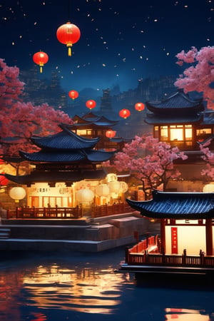 photorealistic, best quaity, 8k, high_resolution,

A midevil Chinese port town celebrating the Lantern festival at night, full moon with hundreds of  lanterns lighting up the sky, greg rutkowski,diorama