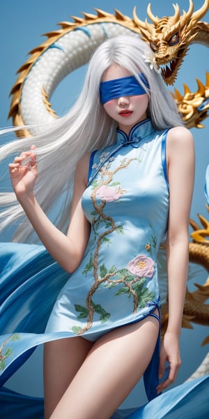 duotone white and blue,1girl,flowers,cheongsam,Embroidery,Long hair, , white hair,(blindfold),The wind blows, close-up,chinese dragon
,oil paint,Chinese girl,NYFlowerGirl,1 girl,dragonbaby,beaded flower decoration,Long Legs and Hot Body