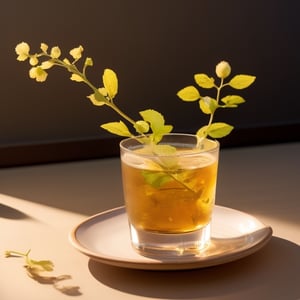 masterpiece, best quality, photography advertising of a glass of whiskey , Round Mugs, expensive 
 simple Tumbler, myphamhoahong photo, branch, petals, plant, gradient, garden, realistic, cold theme, scenery, shadow, still life ,perfect light,Cosmetic,glowing gold,gyouza, The top of the glass cup is narrower and the bottom is wider, with the narrowest base at the bottom