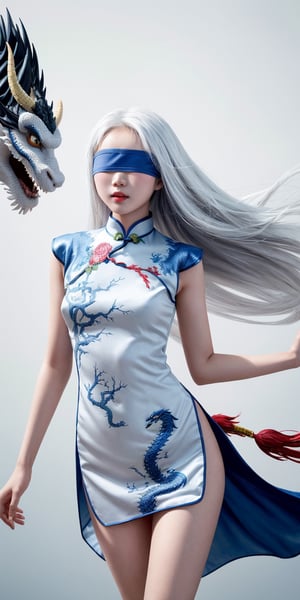 duotone white and blue,1girl,flowers,cheongsam,Embroidery,Long hair, , white hair,(blindfold),The wind blows, close-up,chinese dragon
,oil paint,Chinese girl,NYFlowerGirl,1 girl,dragonbaby,beaded flower decoration,Long Legs and Hot Body