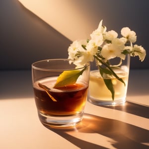 masterpiece, best quality, photography advertising of a glass of whiskey , Round Mugs, expensive 
 simple Tumbler, myphamhoahong photo, branch, petals, plant, gradient, garden, realistic, cold theme, scenery, shadow, still life ,perfect light,Cosmetic,glowing gold,gyouza