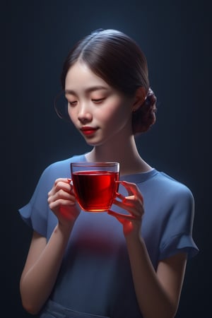 1girl solo,drinking red tea glass cup , shine, subsurface scattering, transparent, dark background, glow, 3d style, a studio shot of  a glass of red tea, full-color, on a canva, masterpiece