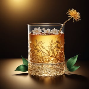 4k image, high quality, extremly detailed, highest quality, masterpiece, absurdres, depth of field, smooth lighting, photography advertising of a glass of whiskey , tall Round Mugs, expensive 
 simple Tumbler, myphamhoahong photo, branch, petals, plant, gradient, garden, realistic, cold theme, scenery, shadow, still life ,perfect light,Cosmetic,glowing gold,gyouza, The top of the glass cup is narrower and the bottom is wider, with the narrowest base at the bottom,, gold colors, product design, paper package, package design,