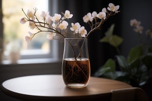masterpiece, best quality, photography advertising of a vase ,Tumbler, myphamhoahong photo, flower,,leaf, branch, petals, plant, gradient, garden, realistic, cold theme, scenery, shadow, still life ,perfect light,Cosmetic,inviting you to take a sip and savor its refreshing taste.,myphammaukem photo