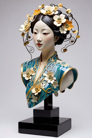 Art Nouveau bust of a Chinese classical dance decoration with and orbe begin of her (the sense of dynamism and movement given by asymmetrical or whiplash lines, crafts produced by fractal art) inspired by natural shapes such as plants + flowers + women's bodies + fish + bird's supple curves, Create unusual shapes in the style of Gustav Klimt and Alphonse Mucha, Using modern materials, especially iron + glass + ceramic + concrete, leonardo,organ,Young beauty spirit, hyper-realistic, intricate detail, ani_booster,aesthetic portrait,xxmixgirl