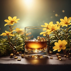 inspired by louis vutton,4k image, high quality, extremly detailed, highest quality, masterpiece, absurdres, depth of field, smooth lighting, photography advertising of a glass of whiskey , tall Round Mugs, expensive, simple Tumbler, myphamhoahong photo, branch, petals, plant, gradient, garden, realistic, cold theme, scenery, shadow, still life ,perfect light,Cosmetic,glowing gold,gyouza, The top of the glass cup is narrower and the bottom is wider, with the narrowest base at the bottom,, gold colors, product design, paper package, package design,