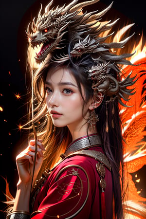 Full body, outer_space,  Chinese female, human face, dragon skin, dragon scale pattern ,holding dragon head weapon, with long white hair,dragon-themed, complex background:1.1,Chinese Dragon,Mecha,Cyberpunk,Katon
symmetrical face with flirty gaze and soft smile, a small earrings, ultra hd, realistic, vivid colors, highly detailed, UHD drawing, pen and ink, perfect composition, beautiful detailed intricate insanely detailed octane render trending on artstation, 8k artistic photography, photorealistic concept art, soft natural volumetric cinematic perfect light,realhands,dragonbaby,