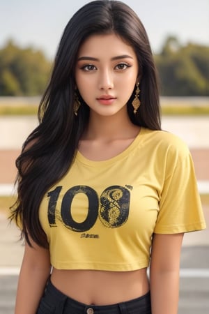 Beautiful attactiv face 18 years yung girl a yellow t-shirts, black hair, good looking body, beautiful background, 
