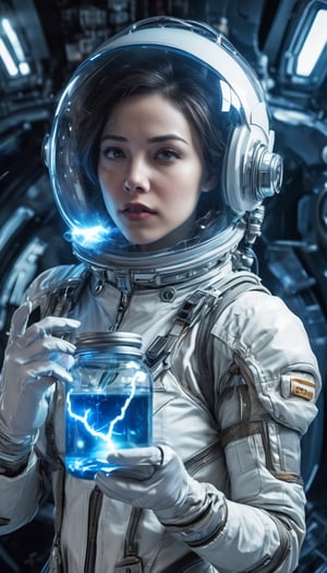 1girl, woman in high-tech space suit, through transparent visor,A look of relief,
beautiful face visible through transparent visor, white gloves, intricate blue mechanical vial,((holding jar containing lightning)), elaborate spaceship background,photo_b00ster,sad