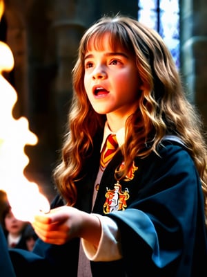 hermione11granger, photo of girl, chanting, brown long wavy hair, bangs, flat chest, front view, school robe, in hogwarts castle, casting a spell, fire magic, masterpiece, photorealistic, natural lighting, best quality, natural textures