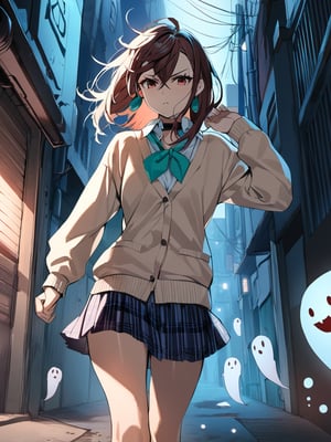 (m0m0ayase) running, serious, cardigan school uniform, skirt, bubble socks, front view, messy hair, ghosts, evil spirits, dark, monsters, alley, night, cool pose, cowboy shot, masterpiece, ultra high resolution, best quality, 1080p

