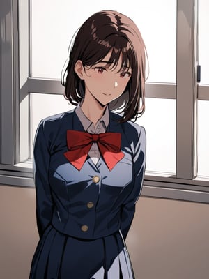 (haruk0akagi), red bow, scrunchie, ponytail, blue school uniform, leaning, classroom, cowboy shot, facing foward, masterpiece, ultra high resolution, best quality, 1080p