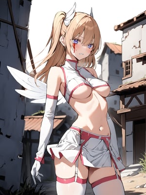 (liliel25d), semi side view, (bloody face), gritted teeth, one pair of small plastic wings, belly, medium breasts, bare shoulders, detached sleeve gloves, under boob, miniskirt, garter belt, white thigh highs, white and slightly pink clothes, standing in ruined village, cowboy shot, facing foward, masterpiece, ultra high resolution, best quality, 1080p