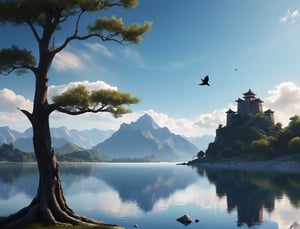 lake, mountains, cloud, sky, castle in background, very small bird silhouette, one tree, sword in the stone, photorealistic, masterpiece, ultra high definition, beautiful, fantasy