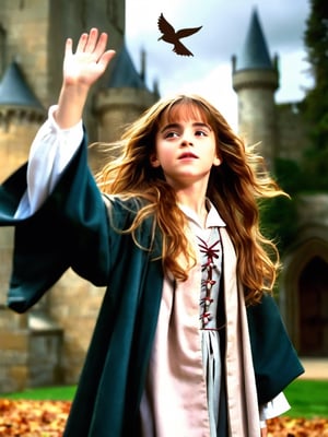 hermione11granger, photo of girl, brown long wavy hair, bangs, flat chest, front view, school robe, in castle grounds, one arm raised, casting a spell, heavy wind, leaves flying, cloudy, magical, masterpiece, photorealistic, natural lighting, best quality, natural textures