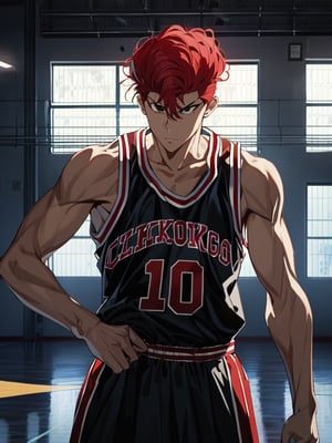 ((hanamichisakurag1)), red hair, narrow black eyes, basketball uniform, gymnasium, tall, serious, cowboy shot, side view ultra high definition, 1080p, masterpiece, best quality