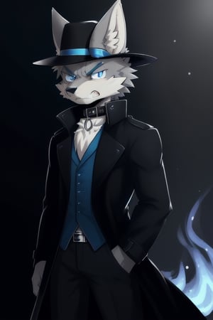 Raff is a light grey wolf guy with blue eyes, wearing a pitch black stealth trench coat with a blue fire pattern on it, a black fedora on his head, hands in his pockets, looking angry, he's wearing a collar around his neck, Night time, seven deadly sins, sin of wrath