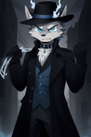 Raff is a light grey wolf guy with blue eyes, wearing a pitch black stealth trench coat with a blue fire pattern on it, a black fedora on his head, one hand in his pocket, one hand up raised slightly holding a blue flame in his hand, looking angry, he's wearing a collar around his neck, Night time, seven deadly sins, sin of wrath