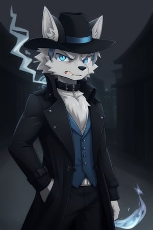 Raff is a light grey wolf guy with blue eyes, wearing a pitch black stealth trench coat with a blue fire pattern on it, a black fedora on his head, one hand in his pocket, one hand up while holding a blue flame in his hand, looking angry, he's wearing a collar around his neck, Night time, seven deadly sins, sin of wrath