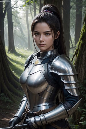 A female knight, trail cam footage, photorealistic, hyperornate details, 