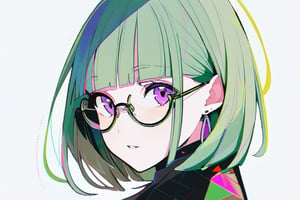 1girl, solo, looking at viewer, short hair, bangs, simple background, shirt, white background, jewelry, purple eyes, earrings, parted lips, green hair, glasses, blunt bangs, portrait, semi-rimless eyewear, under-rim eyewear