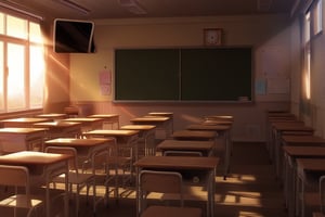 indoors, book, no humans, window, chair, sunlight, scenery, desk, clock, classroom, school desk, chalkboard, school, ceiling light, bulletin board