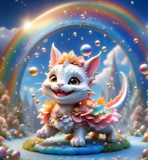 chibi cute Calico cat smiling charmingly, gifts and golden gold, framed by a verdant lawn dotted with Easter eggs, against a backdrop of blue skies and rainbow arches with floating soap bubbles, in a charmingly pose, photographed by Miki Asai with macro lens precision, trending on ArtStation with Greg Rutkowski's detailed fantasy style in 9k resolution, sharp focus aperture F 1.5, intricate details, setting studio photography, ultra high,cute dragon