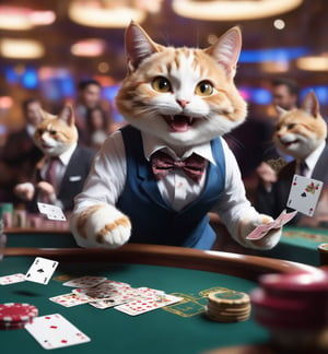 cute Calico cat,cute Cat dealer in suit,smiley face,Masterpiece, highest quality, realistic, very fine and fine details, high resolution, 8K,  Face through_thighs, random_mouth, color_hair,  ahg, sunbright, looking_at_viewer,  gazing at camera, seducing smile, looking at viewer, horny look,  horny, casino, people behind, white y-shirt,   (casino dealer throws cards), in action, acting, holding_item, throws cards, (casino card table), cowboy_shot,tie,male dealer,suit trousers,Flora,cute dragon