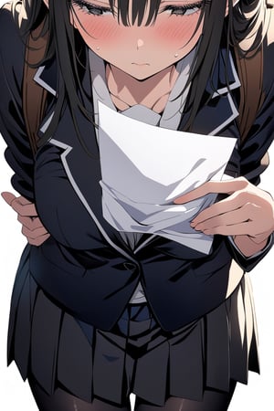 masterpiece, best quality, perfect hands, kneeling, showing a peice of paper, holding paper, (blush, looking away, sweating, very nervous expression, making peace sing with hand), medium shot, standing, 1girl, solo, negative space, ((simple white background, white background)), a girl in a school uniform, half closed eyes, detailed eyelashes, sharp eyes, Black hair, medium length hair, hair behind ear, black hairclip, side bangs, big boobs, (black blazer, black pleated skirt, black tights), simple, facing viewer, manga illustration style, bangs, black backpack,, upper body in view, 18 years old, rating: questionable,Visual Anime