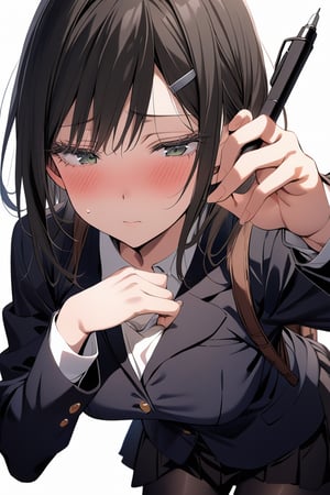 masterpiece, best quality, perfect hands, kneeling, showing a peice of paper, holding pen, (blush, looking away, sweating, very nervous expression, making peace sing with hand), medium shot, standing, 1girl, solo, negative space, ((simple white background, white background)), a girl in a school uniform, half closed eyes, detailed eyelashes, sharp eyes, Black hair, medium length hair, hair behind ear, black hairclip, side bangs, big boobs, (black blazer, black pleated skirt, black tights), simple, facing viewer, manga illustration style, bangs, black backpack,, upper body in view, 18 years old, rating: questionable,Visual Anime