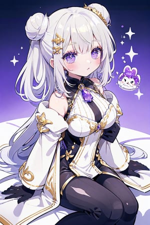 She wears a black bodysuit with gold details underneath a purple and white bodice with long tailcoat-like ends, with a matching pair of separate sleeves. Her tight jumpsuit sits at the back of her neck to make a bun.