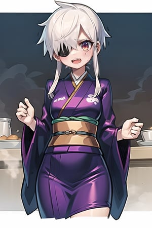 Oboro is a woman with an androgynous appearance who can be confused with a boy with short white hair, purple eyes, and an eyepatch covering his left eye.

She is usually seen wearing a kimono with a haori (kimono jacket).