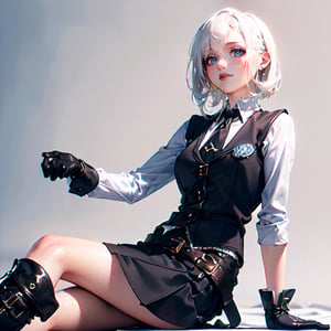 (masterpiece, sidelighting, finely detailed beautiful eyes: 1.2), masterpiece*portrait, realistic, 3d face, lustrous skin, 1girl, (((very long black gloves, black vest, short skirt, very long black boots, short white hair))), steampunk, detailed background